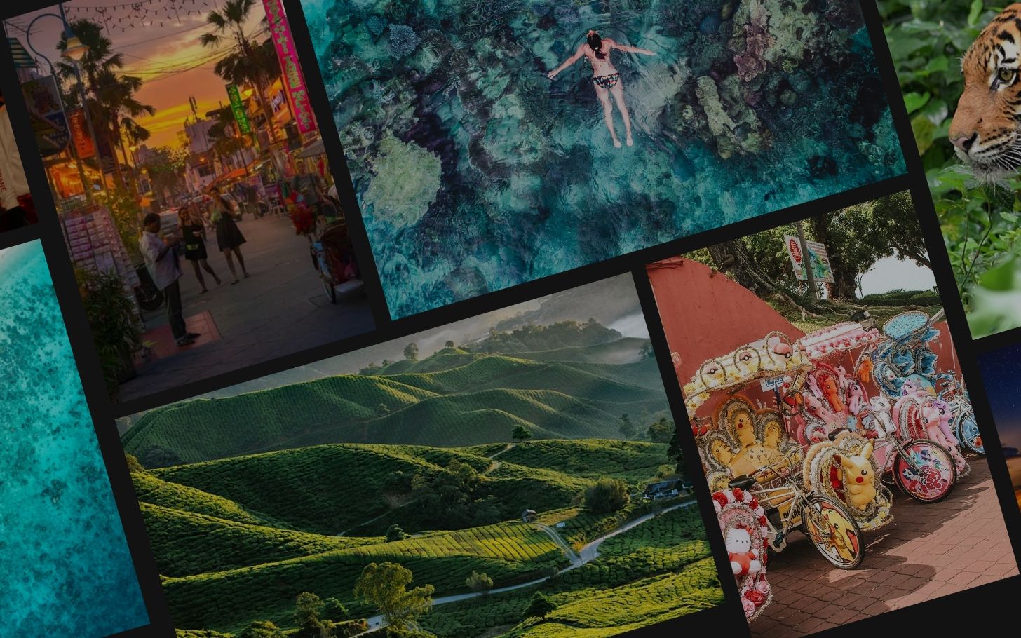 A collage of Malaysian islands, tea plantations, city streets and cultural scenes